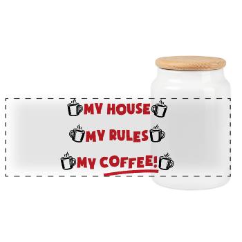 My house, my rules, my coffee - Panoramic Cookie Jar with Wooden Lid - white - Front