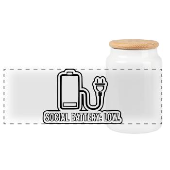 Social Battery: Low - Panoramic Cookie Jar with Wooden Lid - white - Front