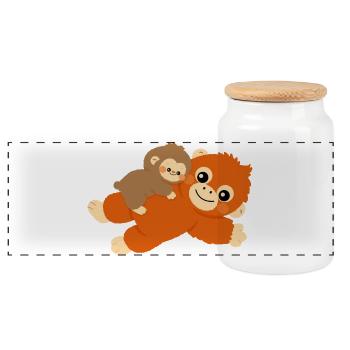 Baby Monkey and plushie - Panoramic Cookie Jar with Wooden Lid - white - Front