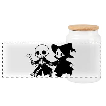 Cute Halloween Couple Skeleton and Witch - Panoramic Cookie Jar with Wooden Lid - white - Front