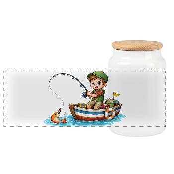 Kids Angler Shirt Boy Fishing Boat Fish - Panoramic Cookie Jar with Wooden Lid - white - Front