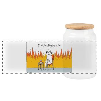 Dog in Chaos Fire - Panoramic Cookie Jar with Wooden Lid - white - Front