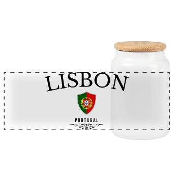Souvenir Lissabon, elegantes Design Lissabon - Panorama Keksdose mit Holzdeckel - Weiß - Vorne