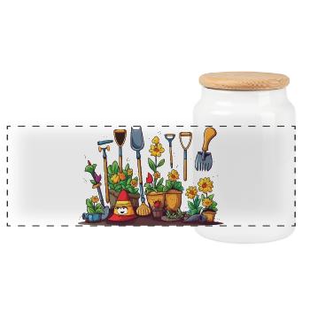 Garden Tool Blossoms Scene - Panoramic Cookie Jar with Wooden Lid - white - Front