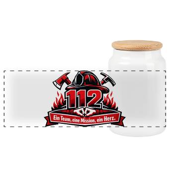 Feuerwehr 112 Team Herz Emblem - Panorama Keksdose mit Holzdeckel - Weiß - Vorne