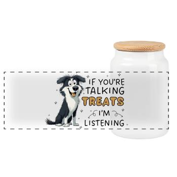 Border Collie Treats Funny Dog Design - Panoramic Cookie Jar with Wooden Lid - white - Front