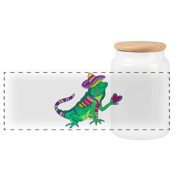 Loving iguana with sombrero and heart - Panoramic Cookie Jar with Wooden Lid - white - Front