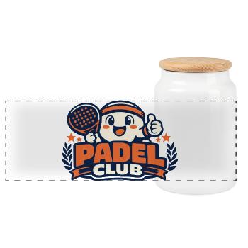 Padel Club Comic Maskottchen - Panorama Keksdose mit Holzdeckel - Weiß - Vorne