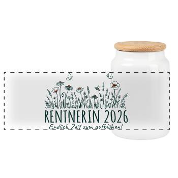 Rentnerin 2026 Zeit zum aufblühen - Panorama Keksdose mit Holzdeckel - Weiß - Vorne