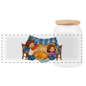 Kinder Deckenhöhle mit Hund Kuscheliges Motiv - Panorama Keksdose mit Holzdeckel - Weiß - Vorne