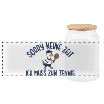 Tennisspieler Gans Muss zum Tennis - Panorama Keksdose mit Holzdeckel - Weiß - Vorne