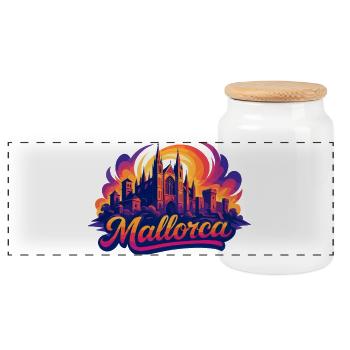 Mallorca Skyline – Epic Colorful Silhouette - Panoramic Cookie Jar with Wooden Lid - white - Front