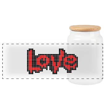 Pixel Art Text – LIEBE in roten Buchstaben - Panorama Keksdose mit Holzdeckel - Weiß - Vorne