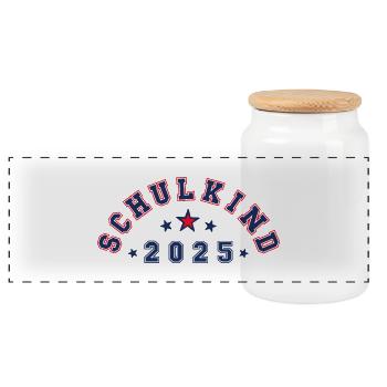 Schulkind 2025 - mit Platz für Namen darunter - Panorama Keksdose mit Holzdeckel - Weiß - Vorne