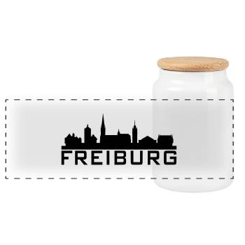 Skyline Freiburg klein Text - Panorama Keksdose mit Holzdeckel - Weiß - Vorne