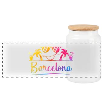 Coucher de soleil de palmier de Barcelona Beach - Boîte à biscuits avec couvercle en bois - blanc - Devant