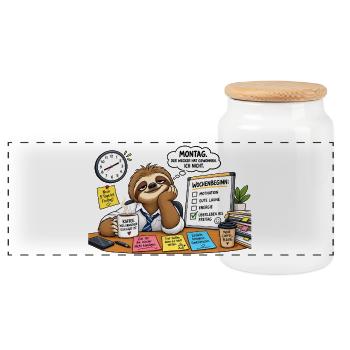 Montagsmotivation mit Faultier am Schreibtisch - Panorama Keksdose mit Holzdeckel - Weiß - Vorne