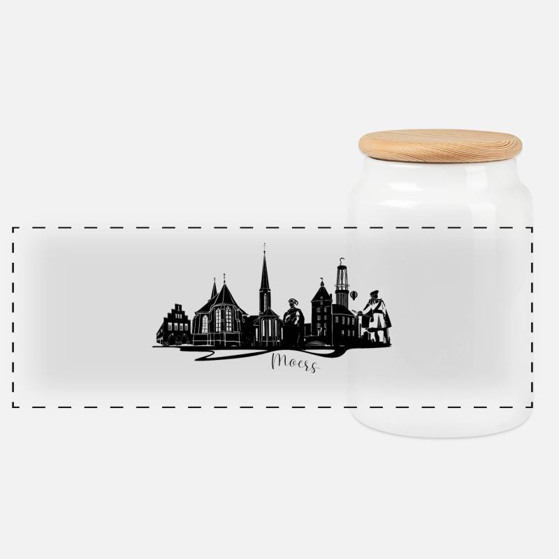 Altstadt Silhouette Moers - Panorama Keksdose mit Holzdeckel - Weiß