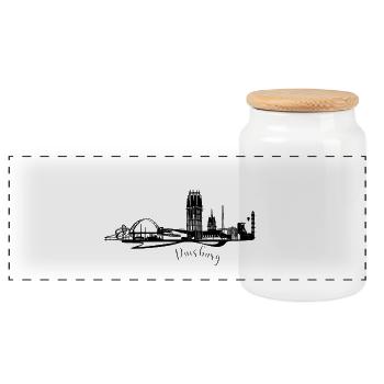 Stadtlinien Duisburg Silhouette in Schwarzweiß - Panorama Keksdose mit Holzdeckel - Weiß - Vorne