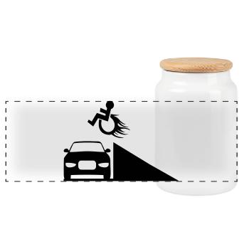 Wheelchair user jumps over a ramp # - Panoramic Cookie Jar with Wooden Lid - white - Front
