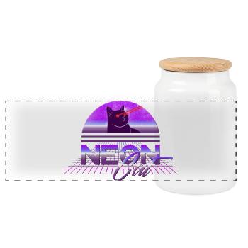 Coole Retro Vintage Neon Katze mit Laser Augen - Panorama Keksdose mit Holzdeckel - Weiß - Vorne