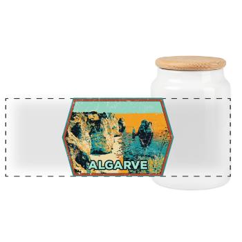 Retro-Abzeichen, Algarve Portugal, Strand Sommersonne - Panorama Keksdose mit Holzdeckel - Weiß - Vorne