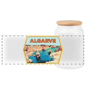 Retro-Abzeichen, Algarve Portugal, Strand Sommersonne - Panorama Keksdose mit Holzdeckel - Weiß - Vorne