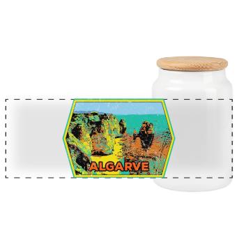 Retro-Abzeichen, Algarve Portugal, Strand Sommersonne - Panorama Keksdose mit Holzdeckel - Weiß - Vorne
