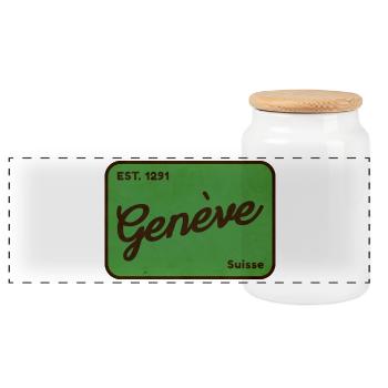 Genève Suisse Schild – Vintage Swiss Design - Panorama Keksdose mit Holzdeckel - Weiß - Vorne