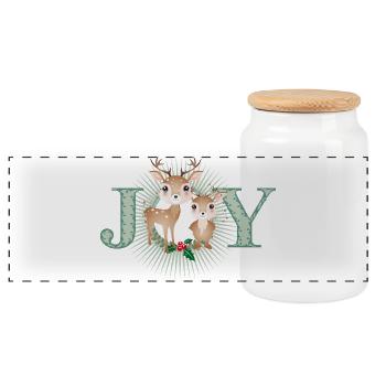 zwei niedliche Hirsche - Joy für Weihnachten - Panorama Keksdose mit Holzdeckel - Weiß - Vorne