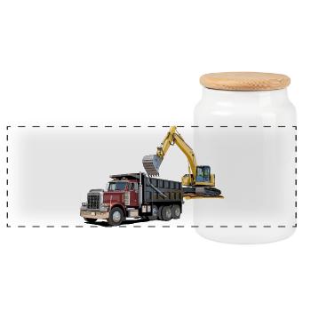 Lastwagen mit Bagger - Panorama Keksdose mit Holzdeckel - Weiß - Vorne