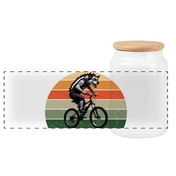 Hyena on a bike in the retro west - Panoramic Cookie Jar with Wooden Lid - white - Front