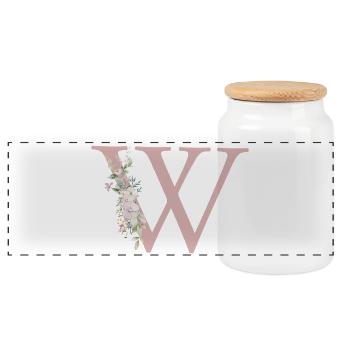 W Monogramm, Floral, personalisierbar - Panorama Keksdose mit Holzdeckel - Weiß - Vorne