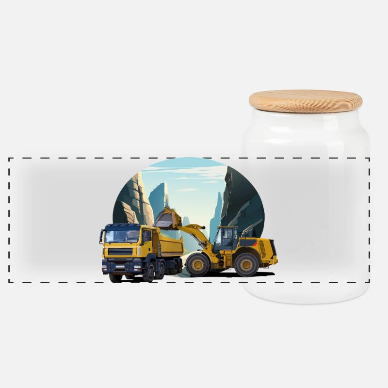 Bagger mit LKW im Steinbruch - Panorama Keksdose mit Holzdeckel - Weiß