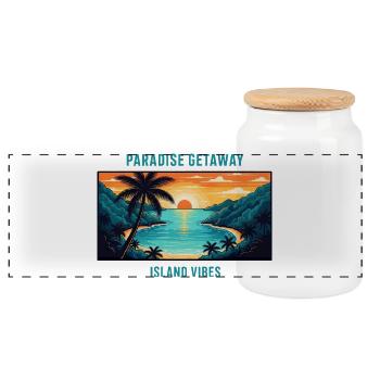 Bahamas Paradise Islands Tropical Beach Sun Palm - Panoramic Cookie Jar with Wooden Lid - white - Front