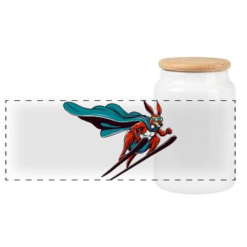 Skiing super bunny with cape and ski goggles - Panoramic Cookie Jar with Wooden Lid - white - Front