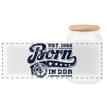 Born in GDR 1966 - Birthday - Ossi Gift - Panoramic Cookie Jar with Wooden Lid - white - Front