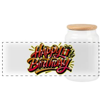 Joyeux Anniversaire Graffiti Jaune Rouge - Boîte à biscuits avec couvercle en bois - blanc - Devant