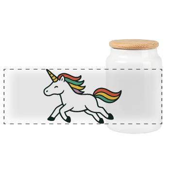 Running Happy Unicorn with Colorful Mane Art - Panoramic Cookie Jar with Wooden Lid - white - Front
