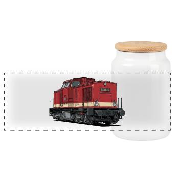 Red Diesel Locomotive Vintage Style BR 112 - Panoramic Cookie Jar with Wooden Lid - white - Front