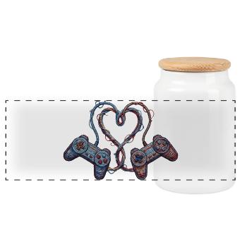 Gamer love in embroidered look (printed) - Panoramic Cookie Jar with Wooden Lid - white - Front