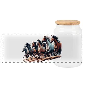 Galloping herd of stallions - Panoramic Cookie Jar with Wooden Lid - white - Front