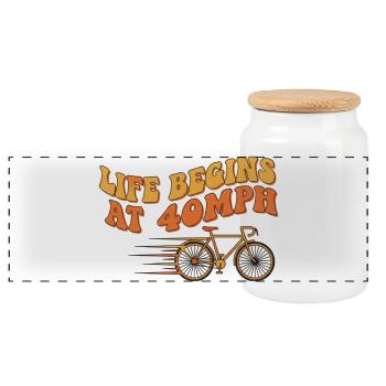 Retro Life Begins At 40MPH Bicycle Art - Panoramic Cookie Jar with Wooden Lid - white - Front