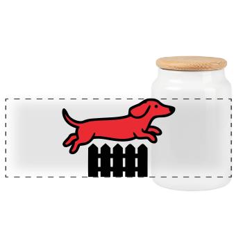 Dachshund Jump Fence Agility - Panoramic Cookie Jar with Wooden Lid - white - Front
