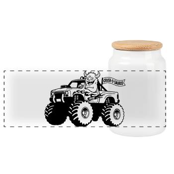 monster truck monster - Panoramic Cookie Jar with Wooden Lid - white - Front