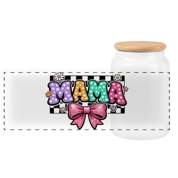 Mama Groovy Polka Dot and Pink Bow | Mom Gift - Panoramic Cookie Jar with Wooden Lid - white - Front