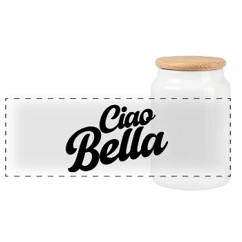 Ciao Bello Italien Spruch – Minimal Typo Design - Panorama Keksdose mit Holzdeckel - Weiß - Vorne