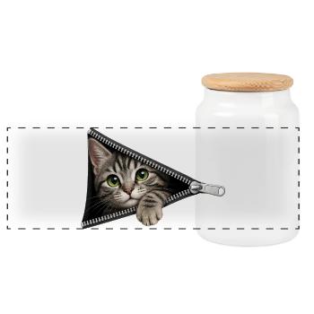 Cute Kitten Zipper Cat - Panoramic Cookie Jar with Wooden Lid - white - Front