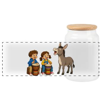 Kinder Trommeln mit Esel Fröhliches Musikmotiv - Panorama Keksdose mit Holzdeckel - Weiß - Vorne
