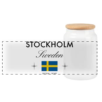 Stockholm Sweden Coordinates Travel Souvenir - Panoramic Cookie Jar with Wooden Lid - white - Front